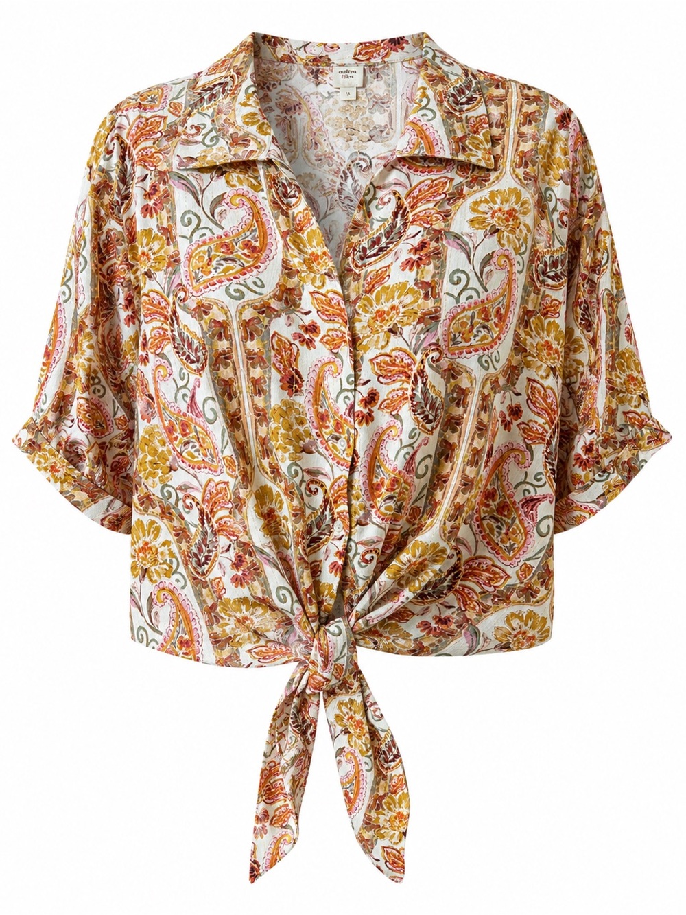 Autres Filles 1X Paisley Floral Tie-Front Blouse Gold Metallic Boho Button-Up